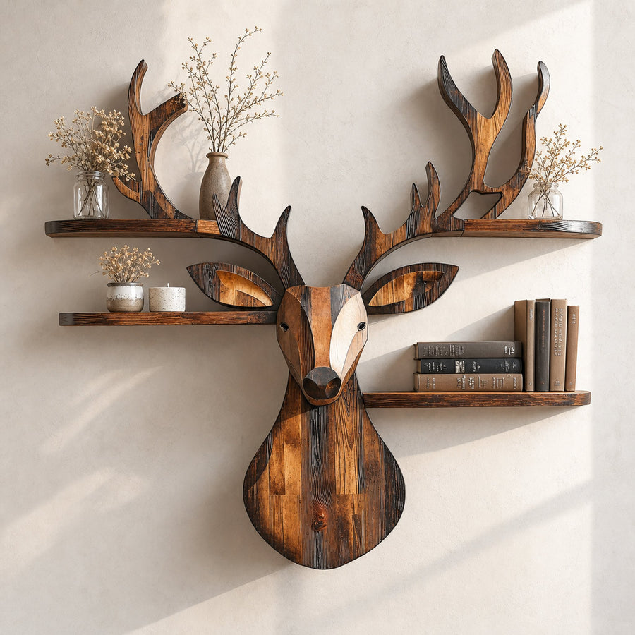 Rustic Handcrafted Wood Deer Shelf For Living Room Decor