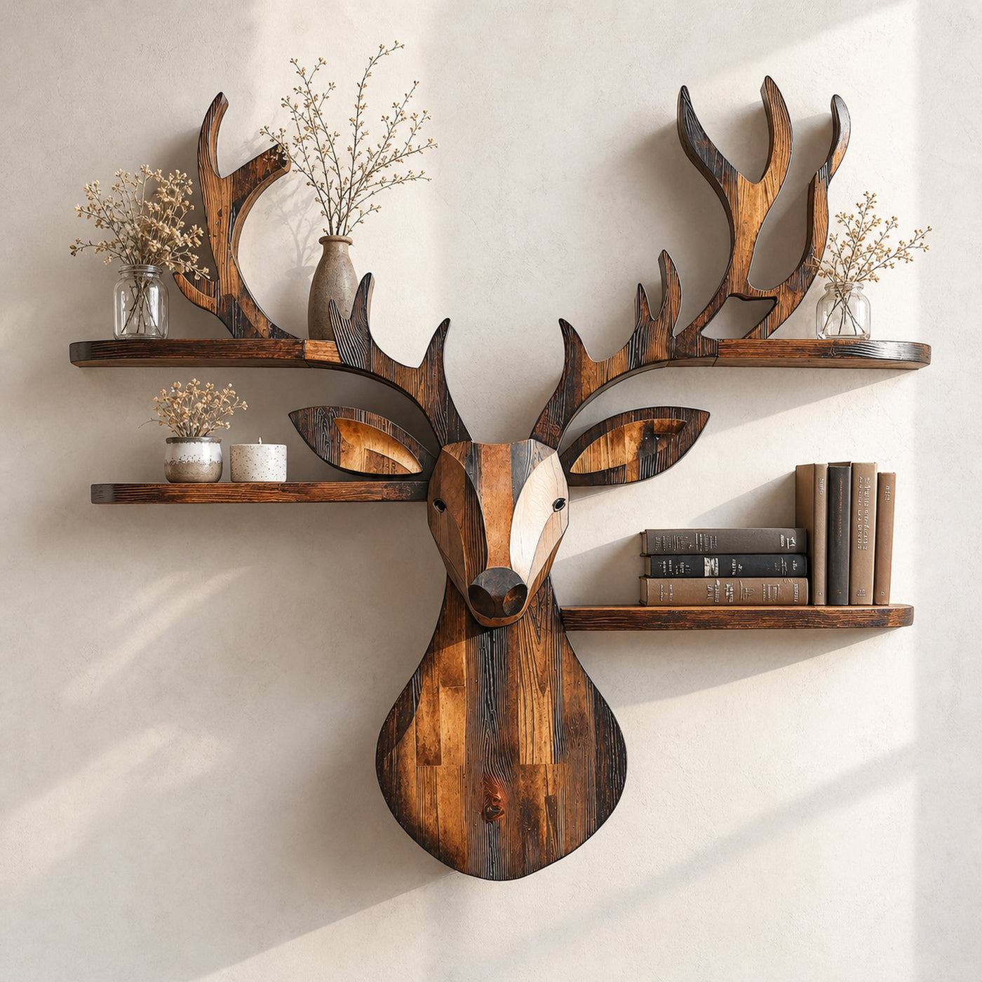 Rustic Handcrafted Wood Deer Shelf For Living Room Decor