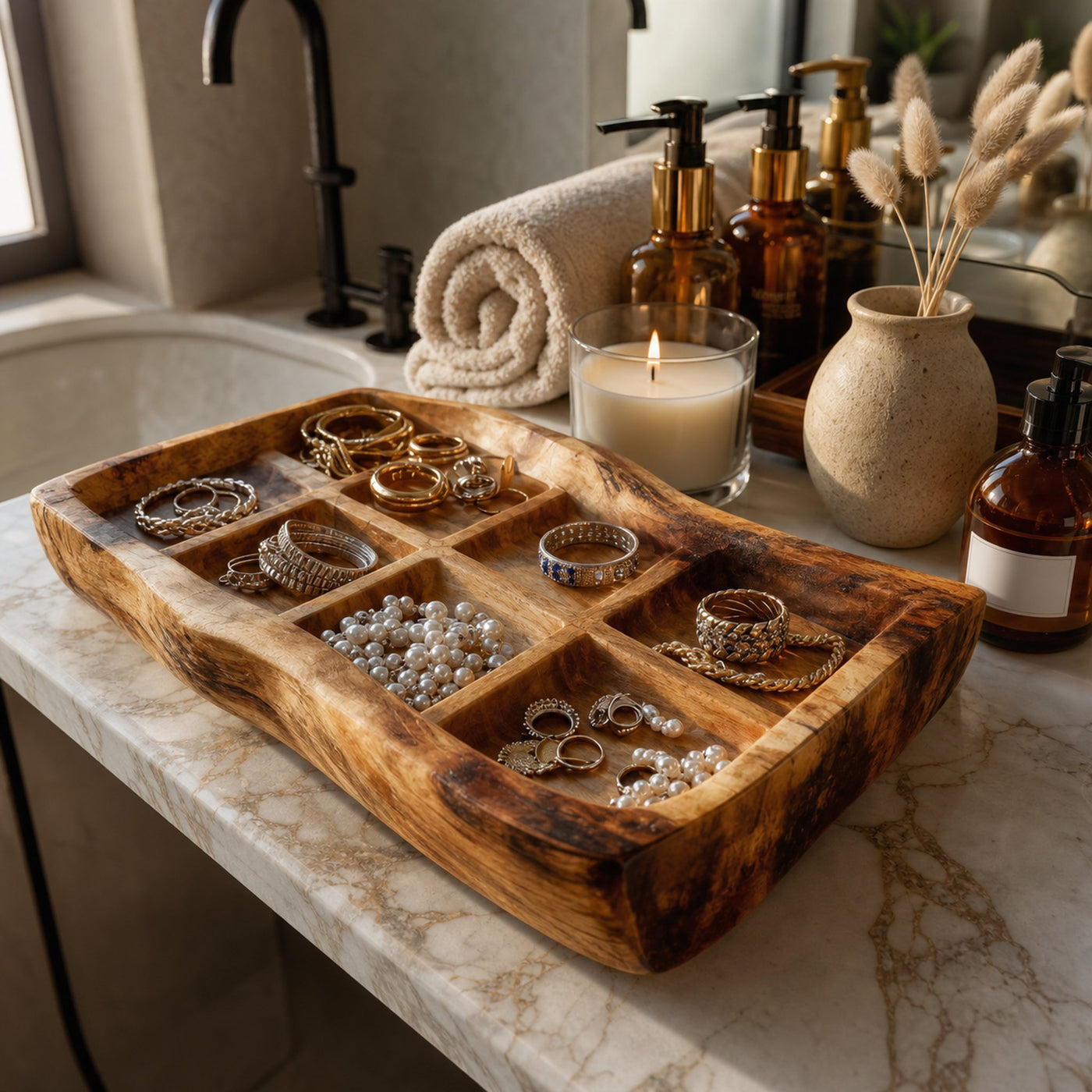 Rustic Jewelry Tray Multi Slot Display For Bathroom