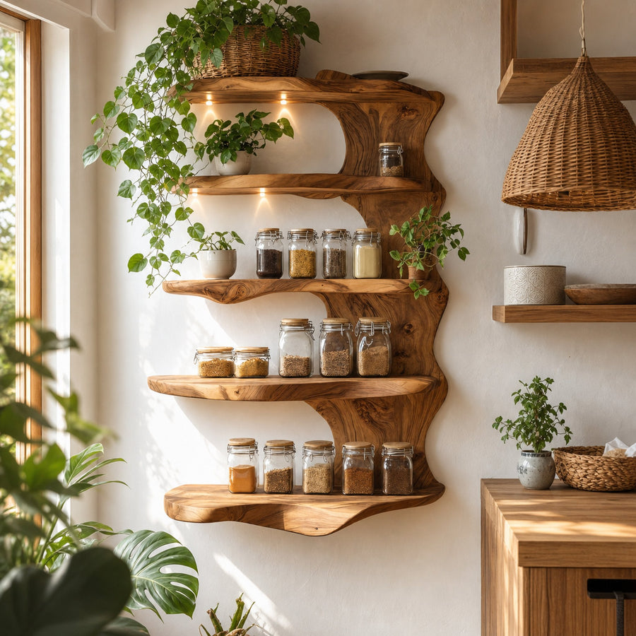 Rustic Kitchen Decor Wooden Spice Storage Shelf