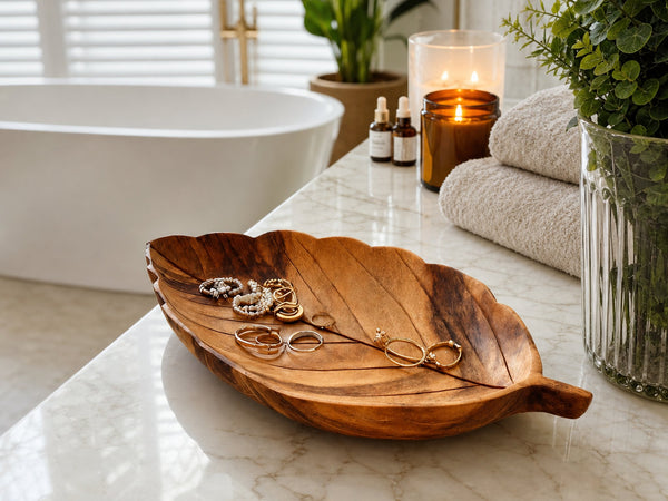 Rustic Leaf Carved Jewelry Tray For Bathroom