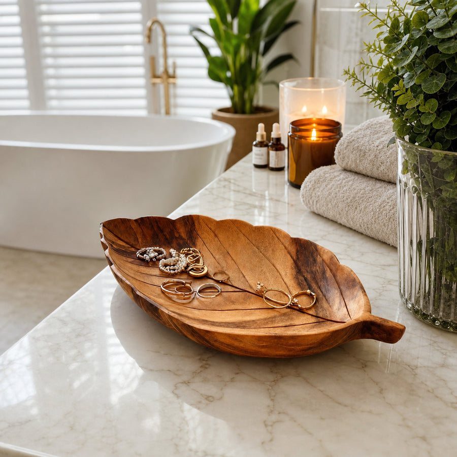 Rustic Leaf Carved Jewelry Tray For Bathroom