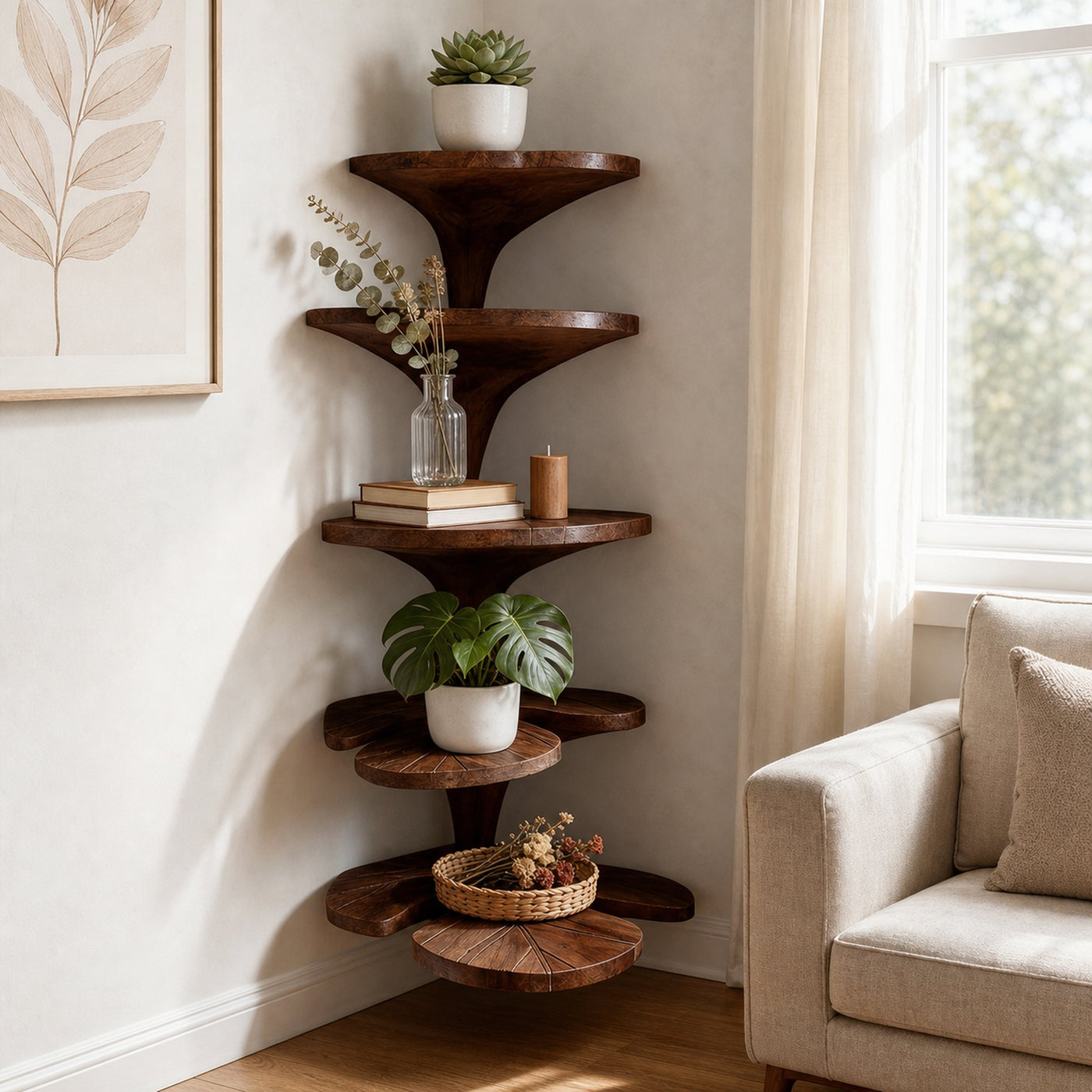 Rustic Leaf Corner Shelf Living Room Wall Decor Display - product view 7