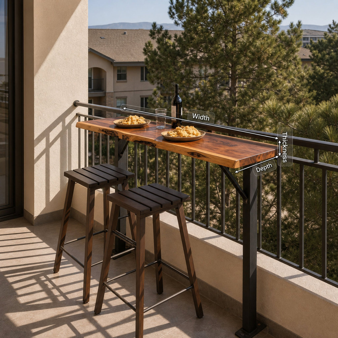 Rustic Live Edge Balcony Bar Table For Rail Mount Patio Or Apartment Deck - product view 8