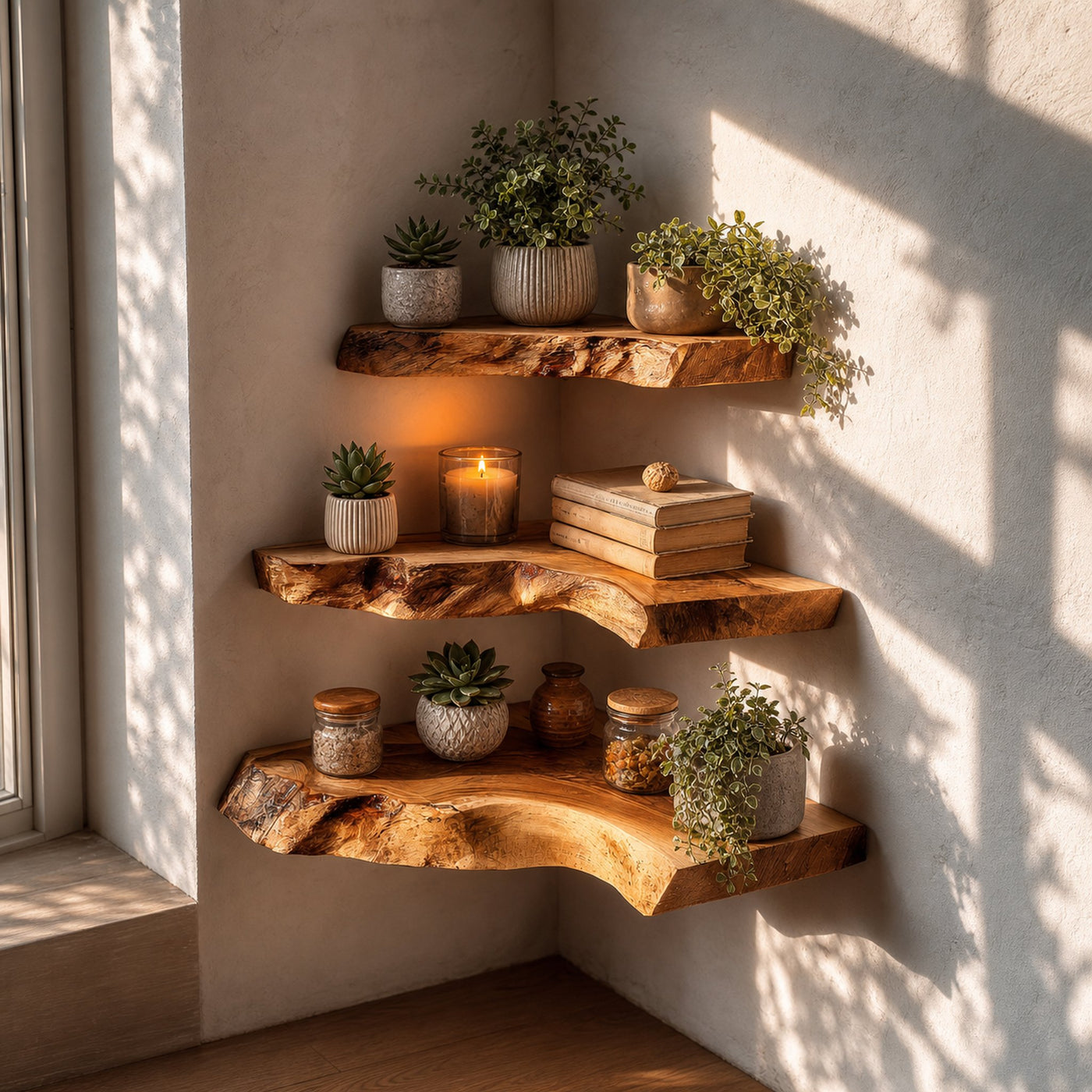 Rustic Live Edge Corner Floating Shelf Handmade for Living Room