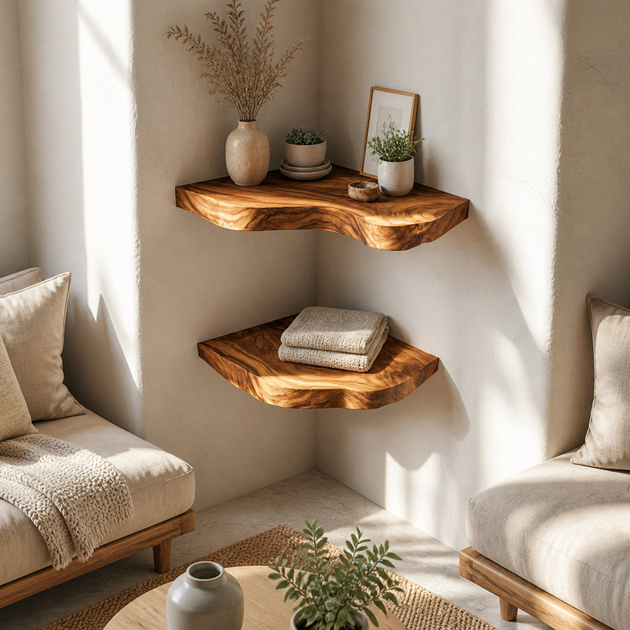 Rustic Live Edge Corner Floating Shelves Solid Wood Living Room Interior Display