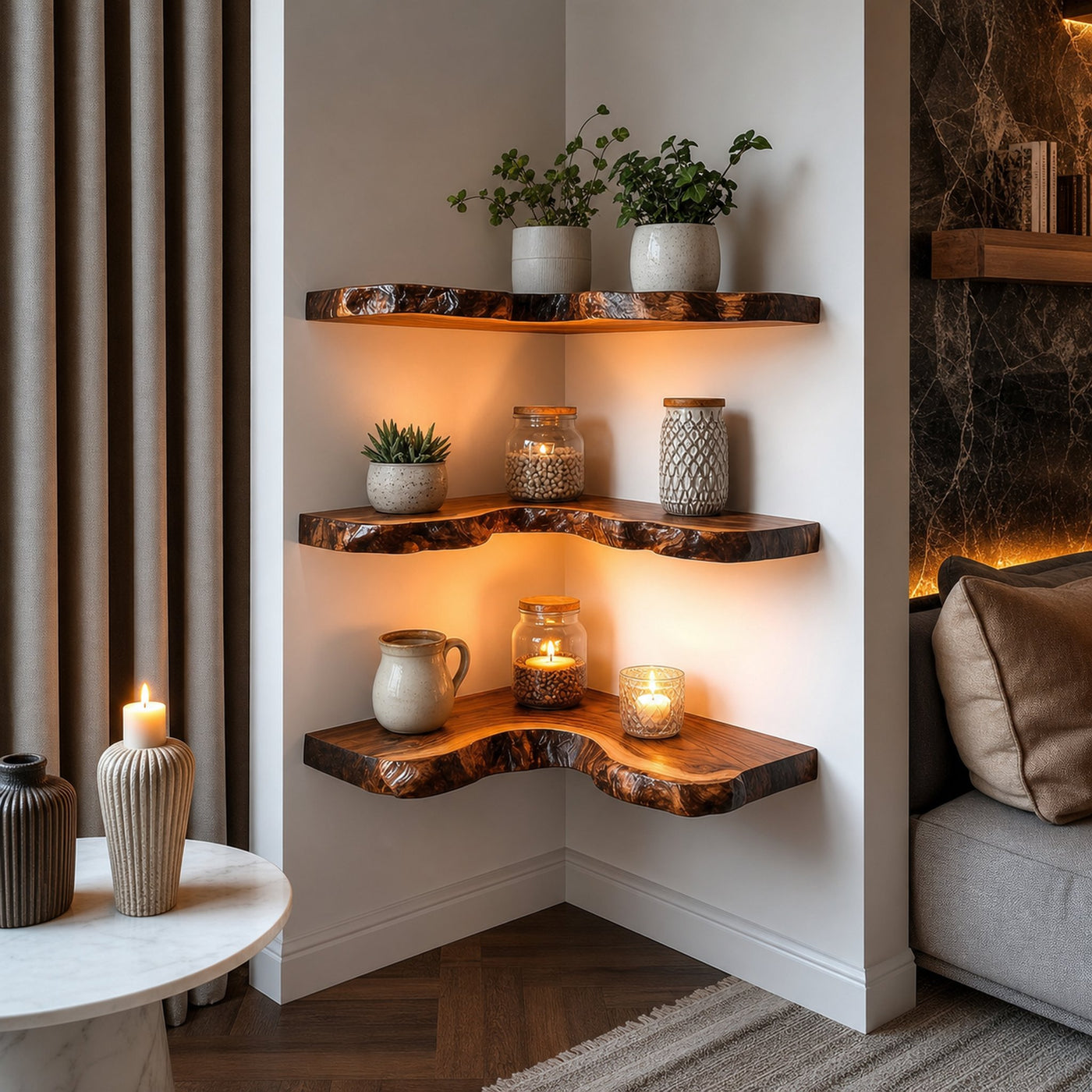 Rustic Live Edge Corner Shelves Solid Wood Living Room Interior Decorative Display