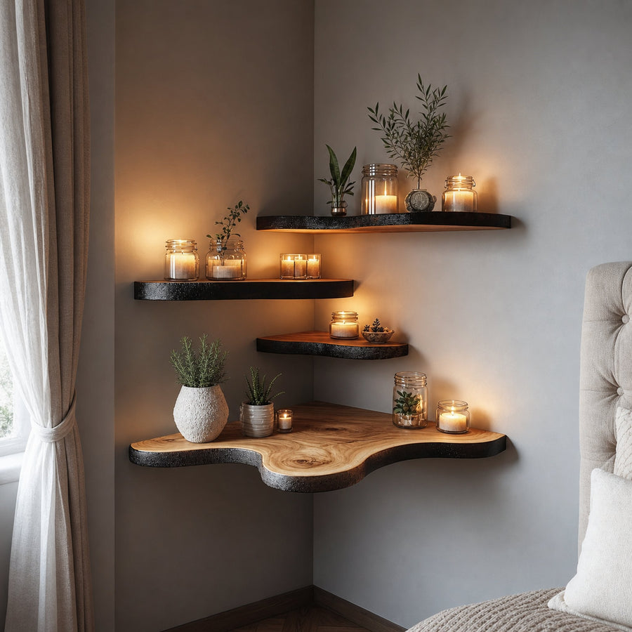 Rustic Live Edge Floating Corner Shelf Handmade For Cozy Home Decor