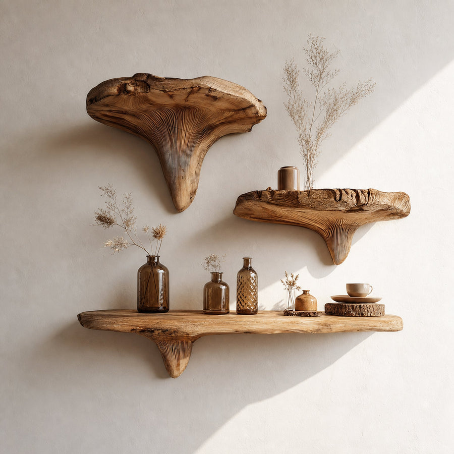 Rustic Live Edge Musrhroom Shelves Living Room Decor