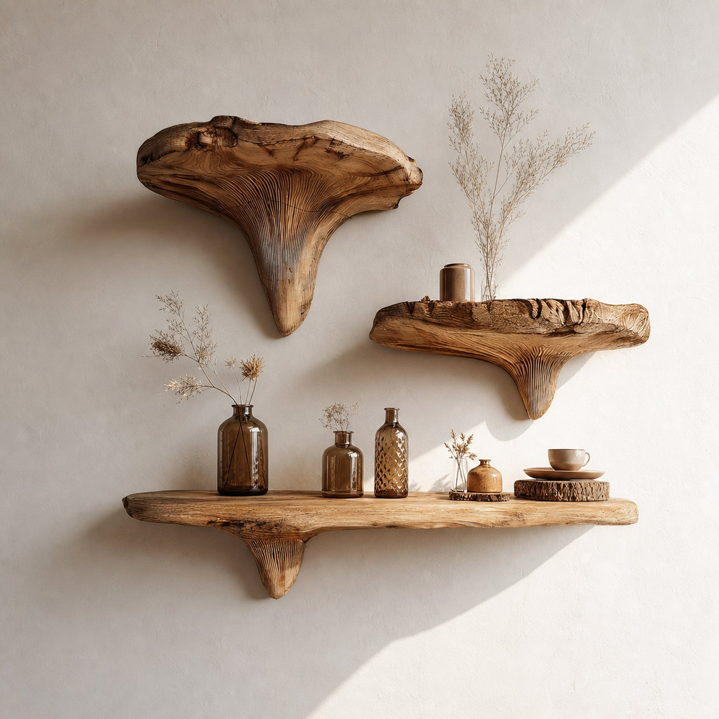 Rustic Live Edge Musrhroom Shelves Living Room Decor