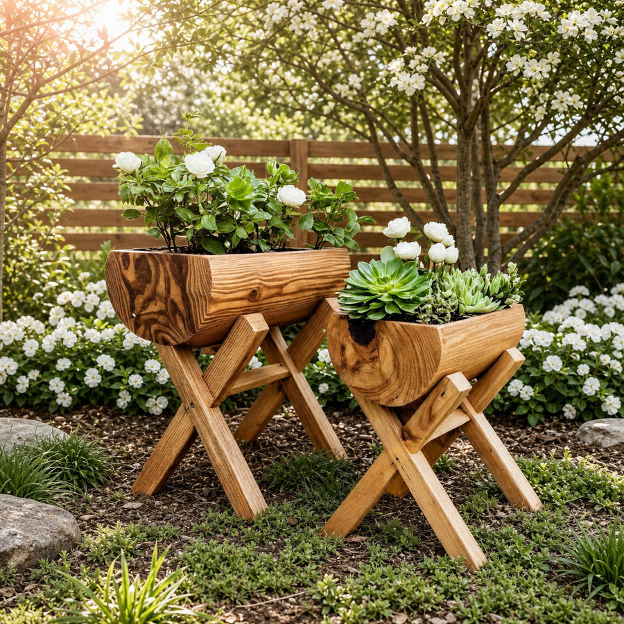 Rustic Log Planter With Stand For Garden And Patio Display