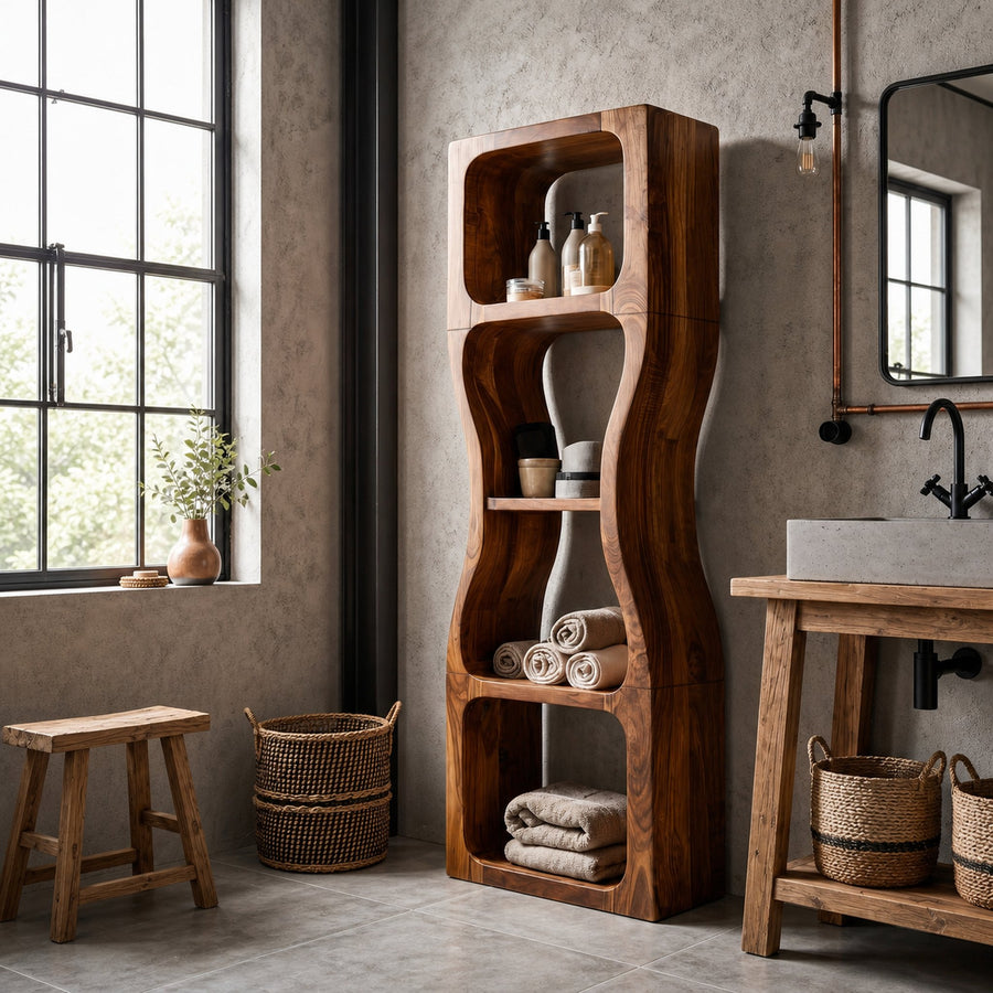 Rustic Modern Bathroom Storage Cabinet With Sculptural Wave Design And Open Shelves For Bathroom