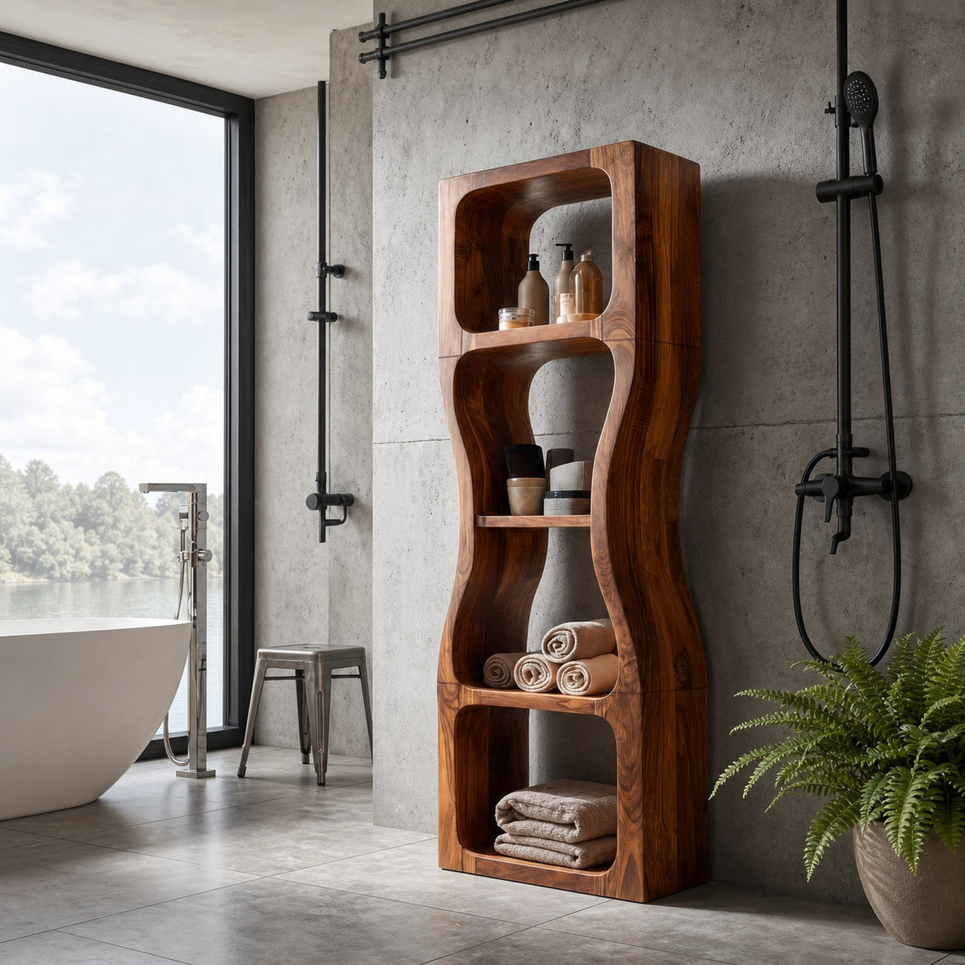 Rustic Modern Bathroom Storage Cabinet With Sculptural Wave Design And Open Shelves For Bathroom - product view 6