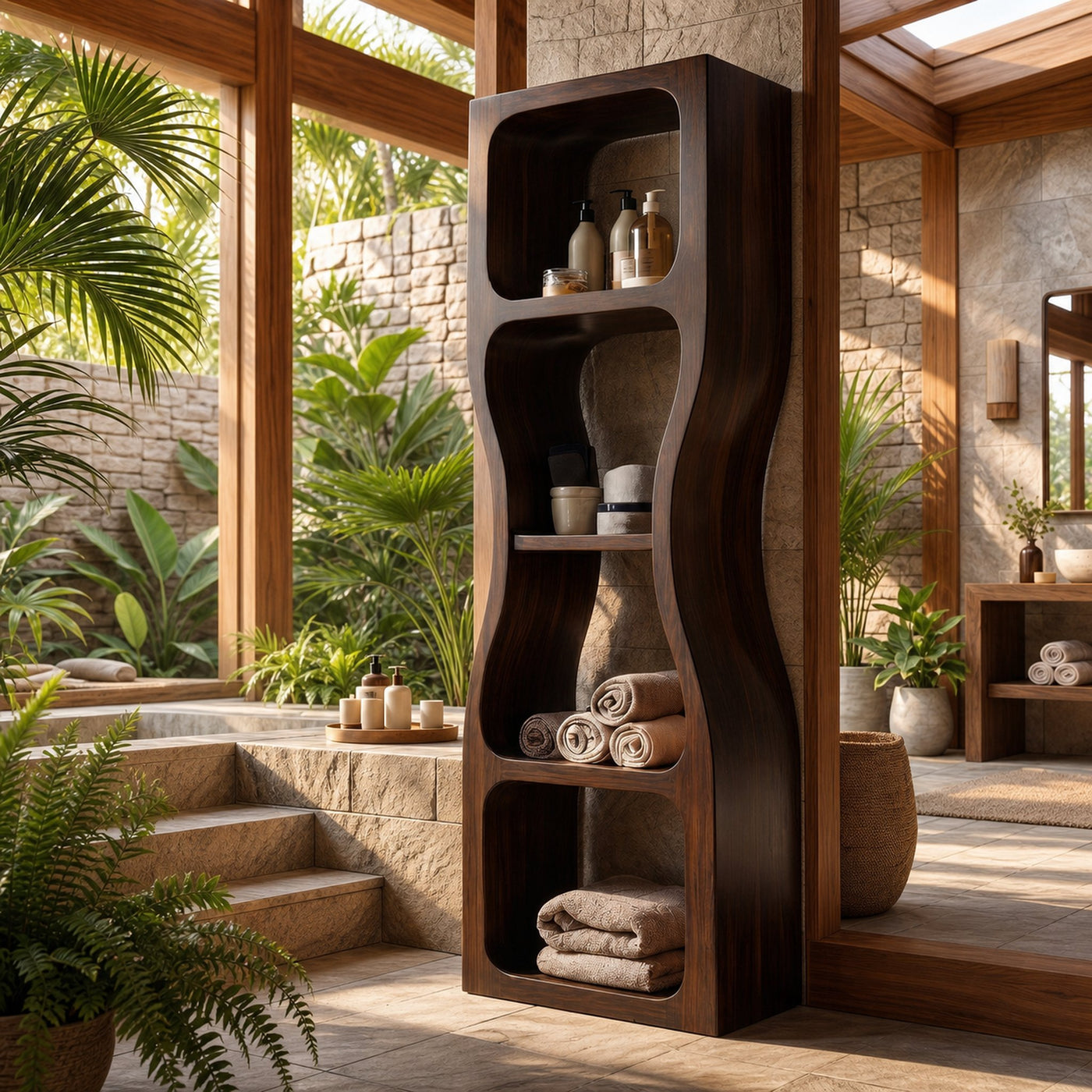 Rustic Modern Bathroom Storage Cabinet With Sculptural Wave Design And Open Shelves For Bathroom - product view 7