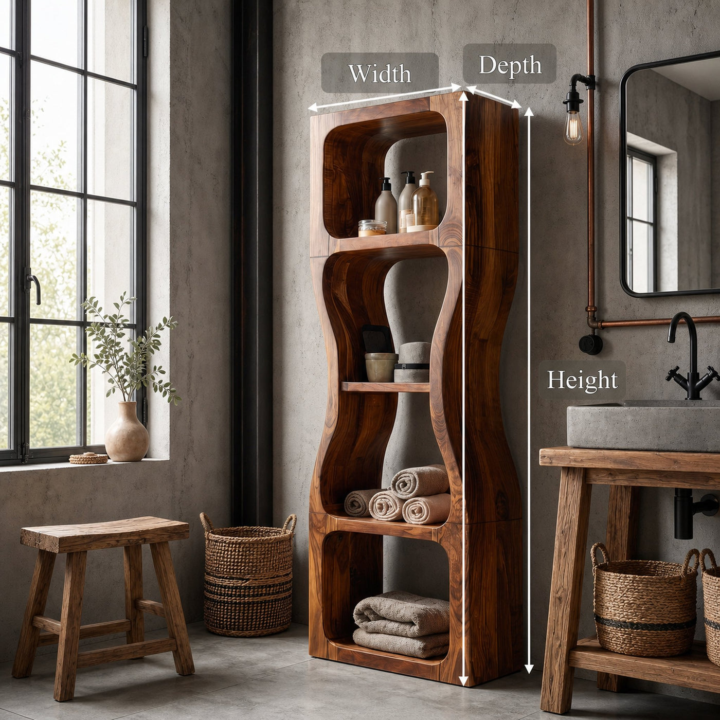 Rustic Modern Bathroom Storage Cabinet With Sculptural Wave Design And Open Shelves For Bathroom - product view 8