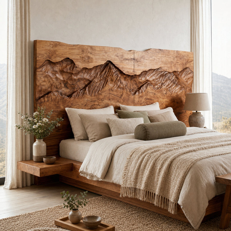 Rustic Mountain Relief Wood Headboard For Luxury Bedroom Interior