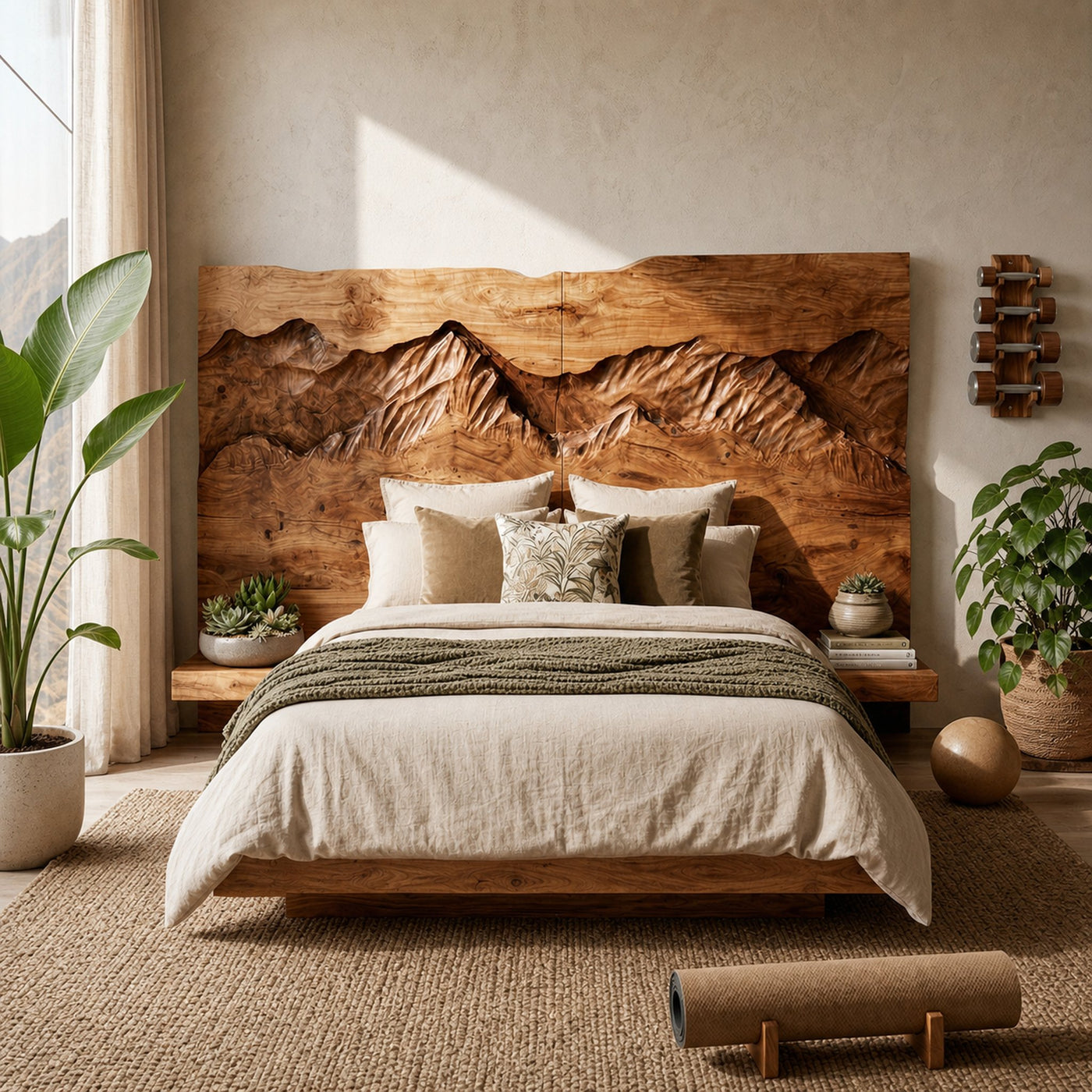 Rustic Mountain Relief Wood Headboard For Luxury Bedroom Interior - product view 6