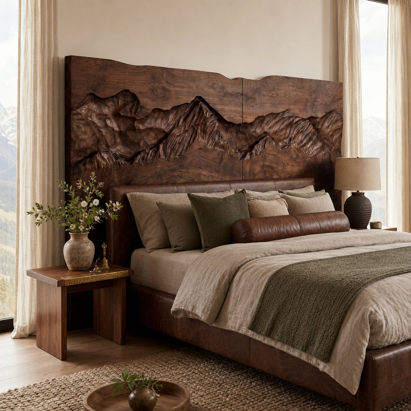 Rustic Mountain Relief Wood Headboard For Luxury Bedroom Interior - product view 7