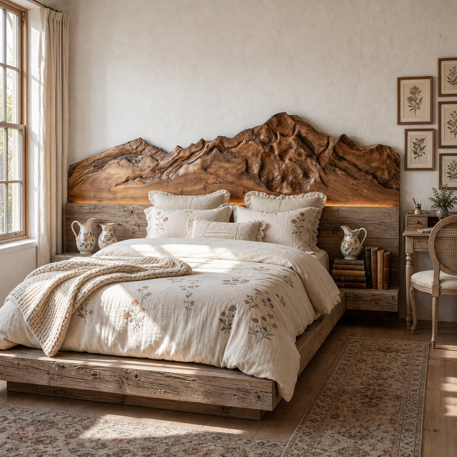Rustic Mountain Wood Headboard For Farmhouse Bedroom Decor