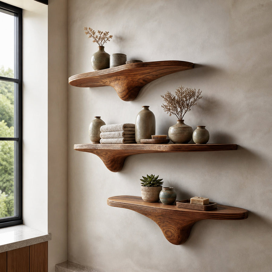 Rustic Mushroom Floating Shelves Bathroom