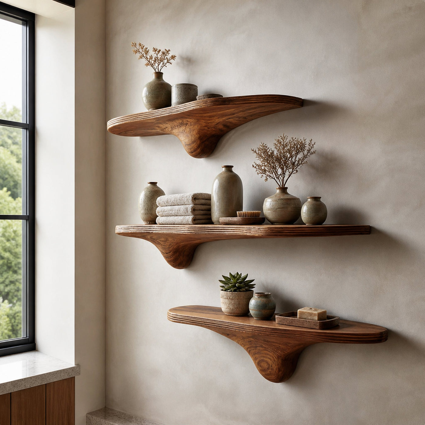 Rustic Mushroom Floating Shelves Bathroom