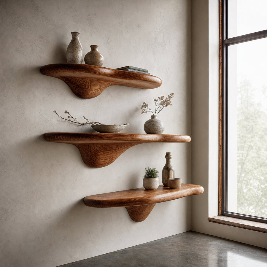 Rustic Mushroom Floating Shelves Bedroom