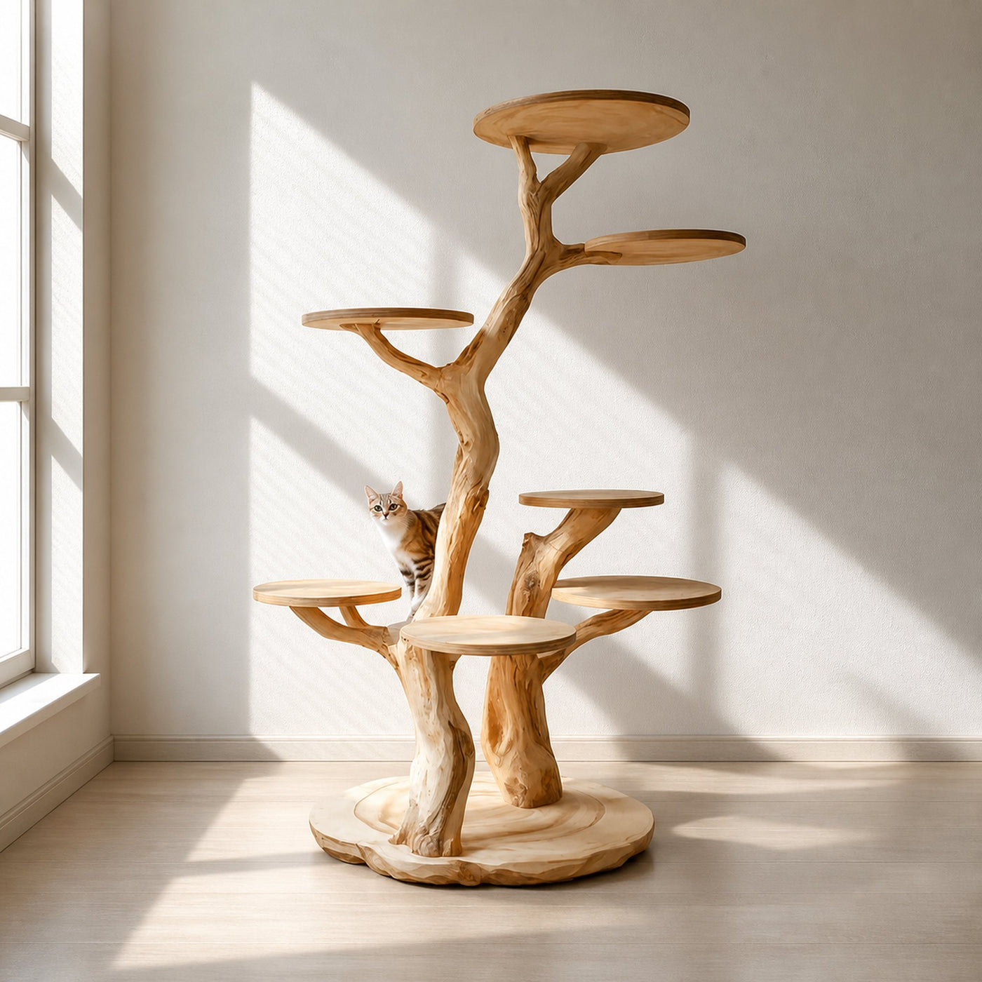 Rustic Natural Solid Wood Cat Tree Wooden Stand Naturally Gift Cat