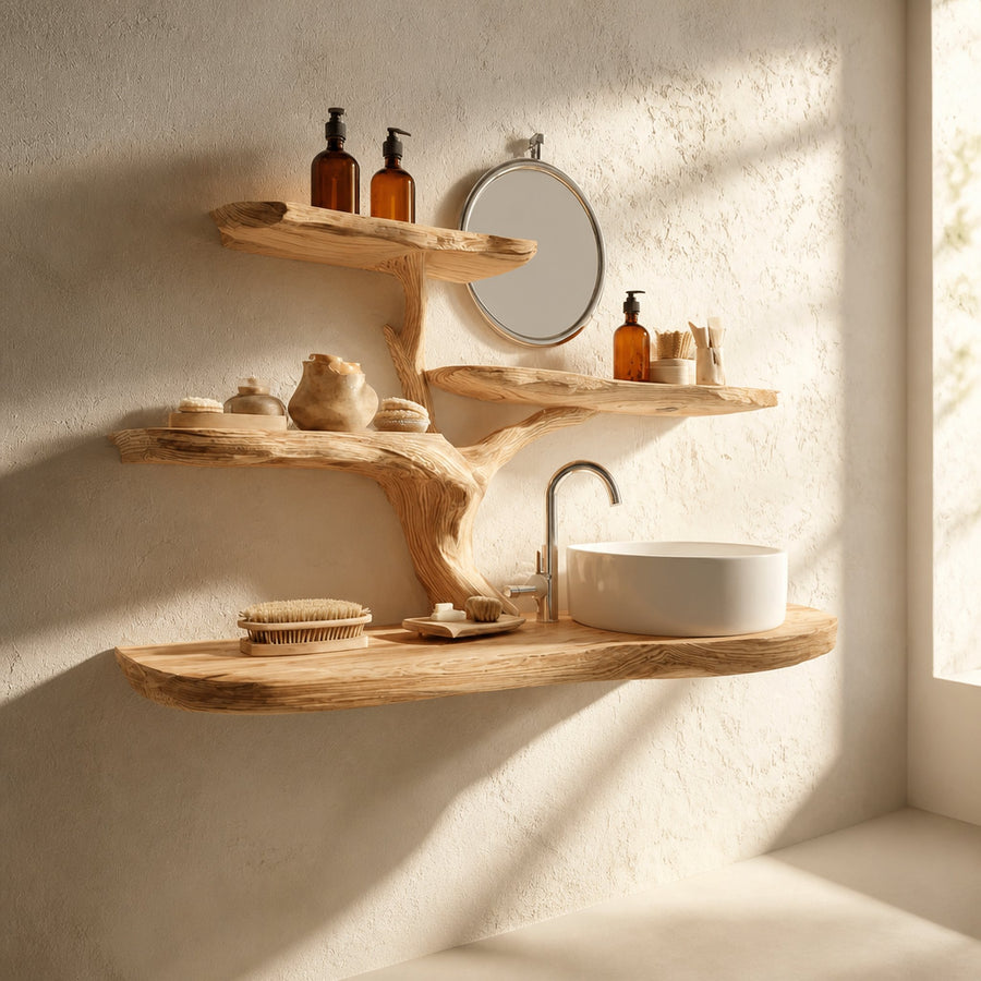 Rustic Natural Tree Wall Vanity Bathroom Or Wellness Space