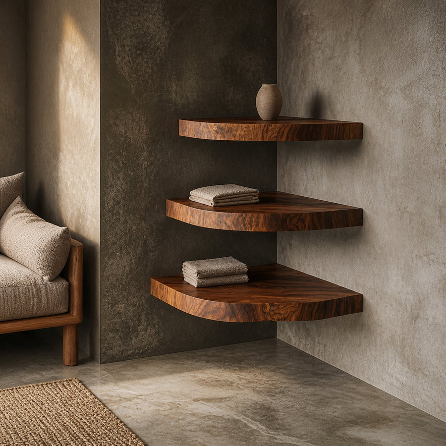 Rustic Nature Inspired Corner Display Shelves Solid Wood Living Room Interior Wall Feature