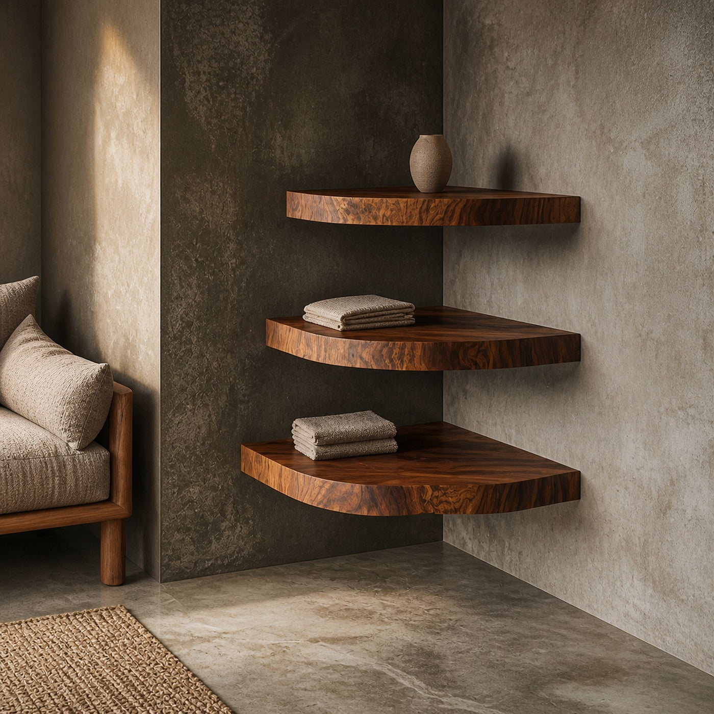 Rustic Nature Inspired Corner Display Shelves Solid Wood Living Room Interior Wall Feature