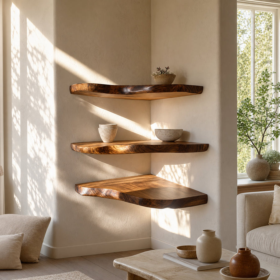 Rustic Nature Inspired Floating Display Shelves Solid Wood Living Room Interior Statement Feature