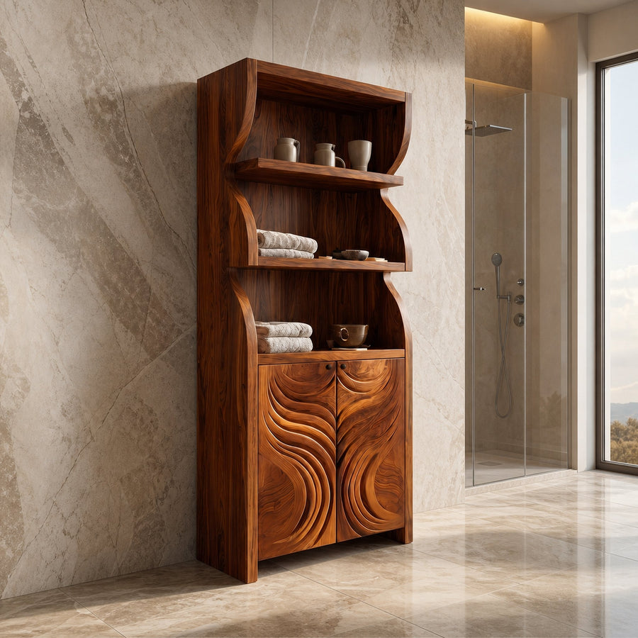 Rustic Organic Bathroom Storage Cabinet With Carved Wooden Doors And Open Shelves For Bathroom