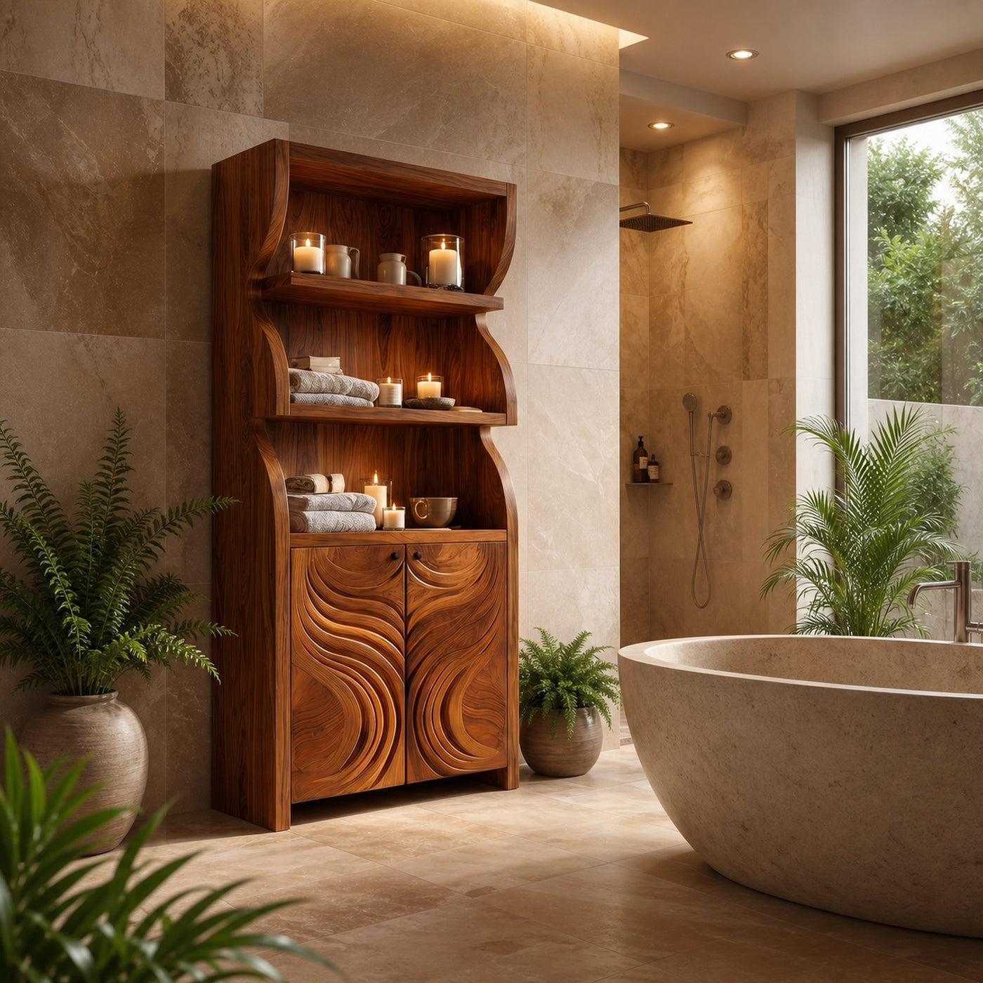 Rustic Organic Bathroom Storage Cabinet With Carved Wooden Doors And Open Shelves For Bathroom - product view 6