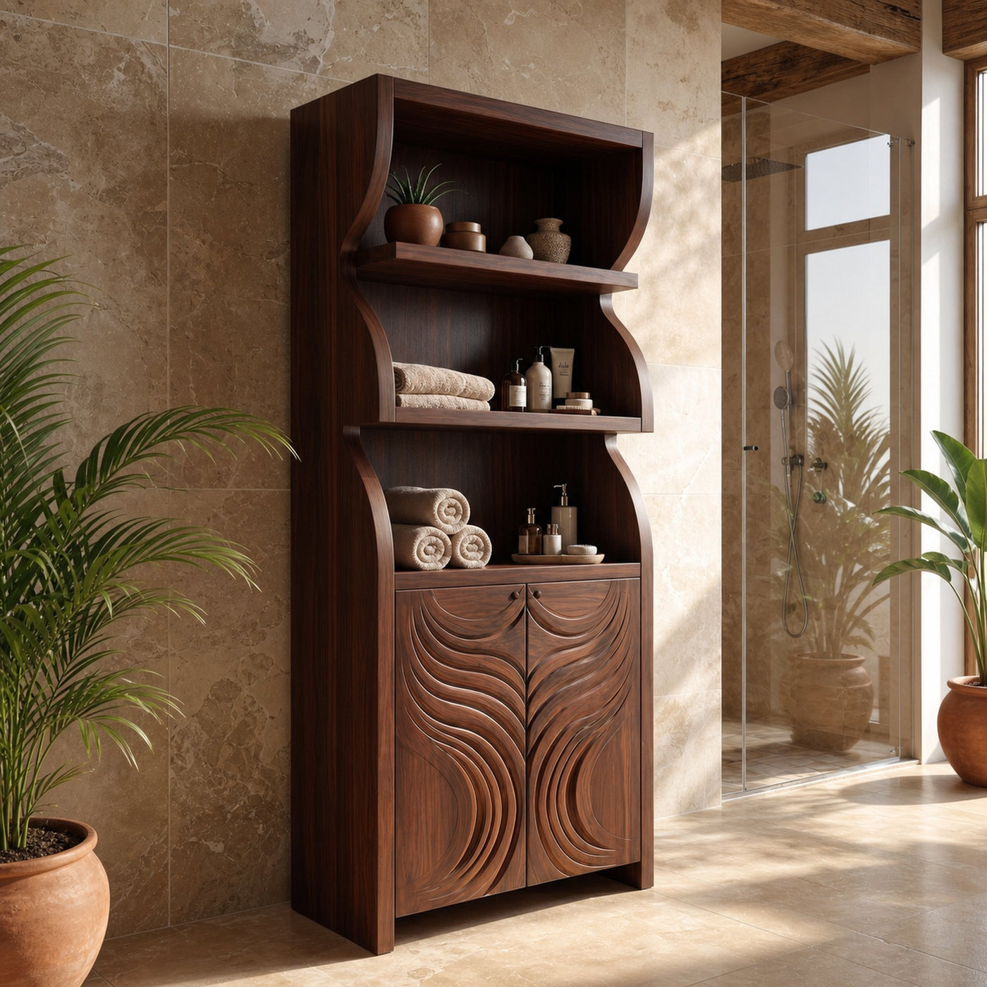 Rustic Organic Bathroom Storage Cabinet With Carved Wooden Doors And Open Shelves For Bathroom - product view 7
