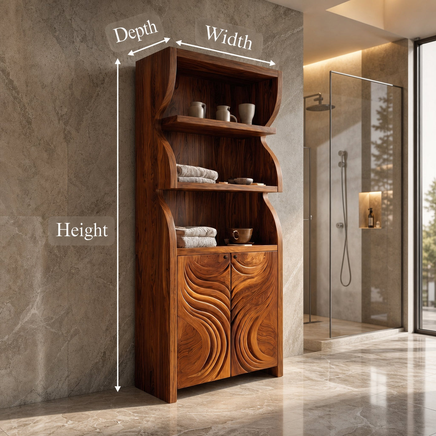 Rustic Organic Bathroom Storage Cabinet With Carved Wooden Doors And Open Shelves For Bathroom - product view 8