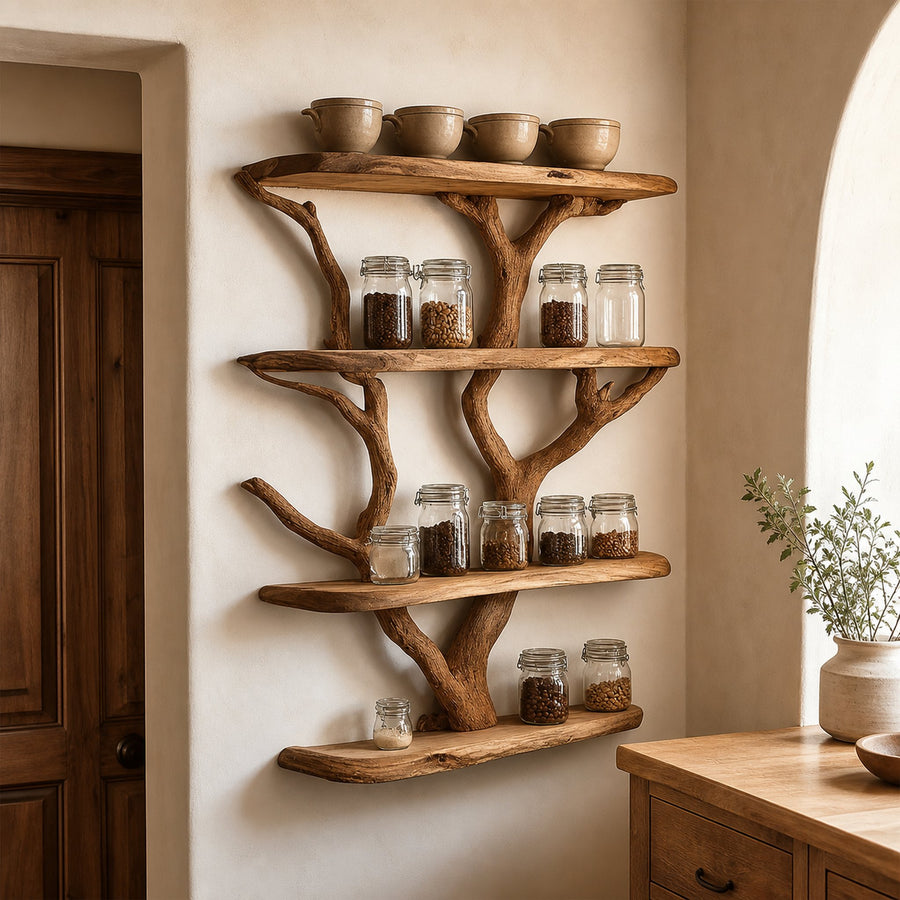Rustic Organic Tree Kitchen Wall Shelf Kitchen Interior Pantry Display