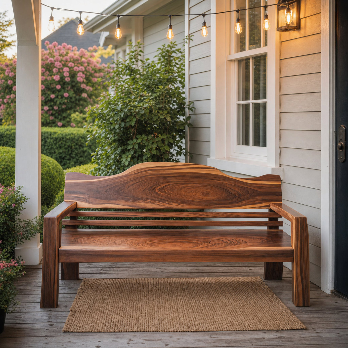 Rustic Outdoor Wooden Bench With Curved Backrest For Garden Or Porch