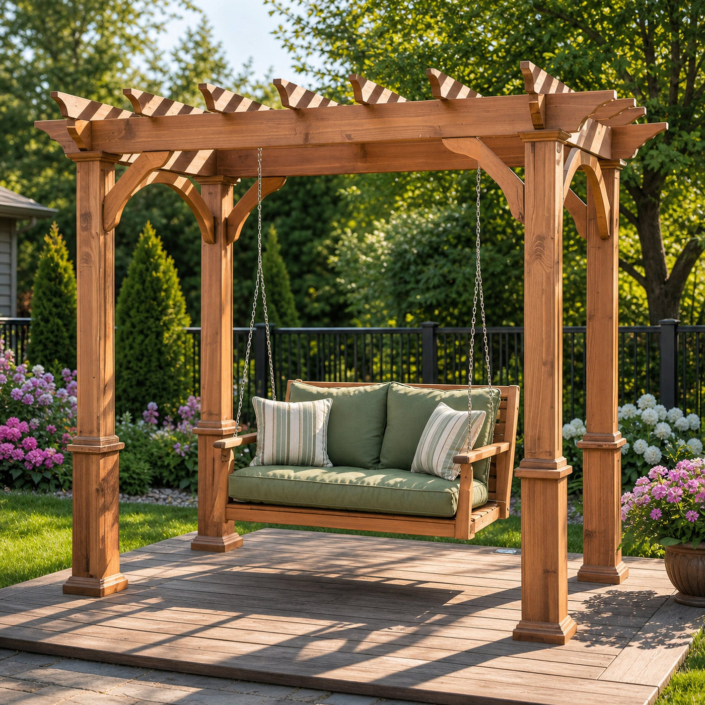 Rustic Pergola Swing Bench For Outdoor Garden And Lounge