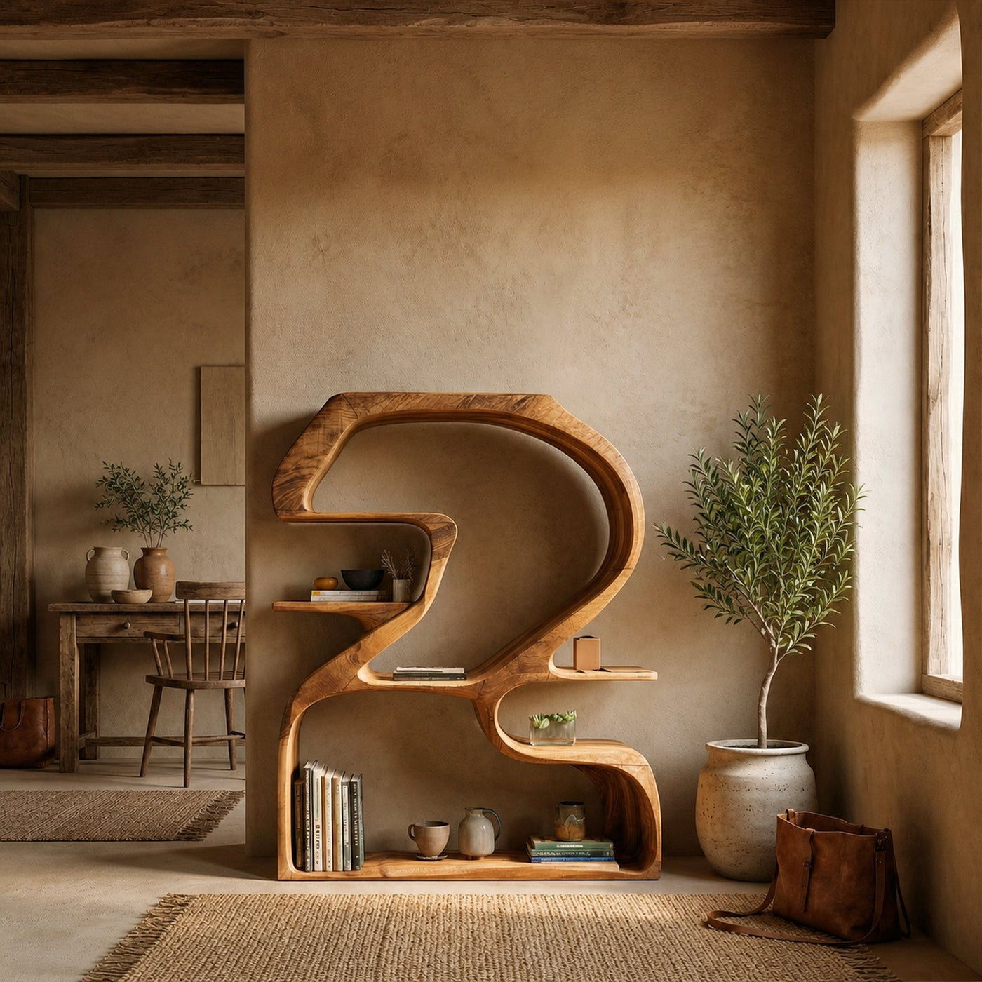 Rustic Sculptural Bookshelf For Living Room And Entryway