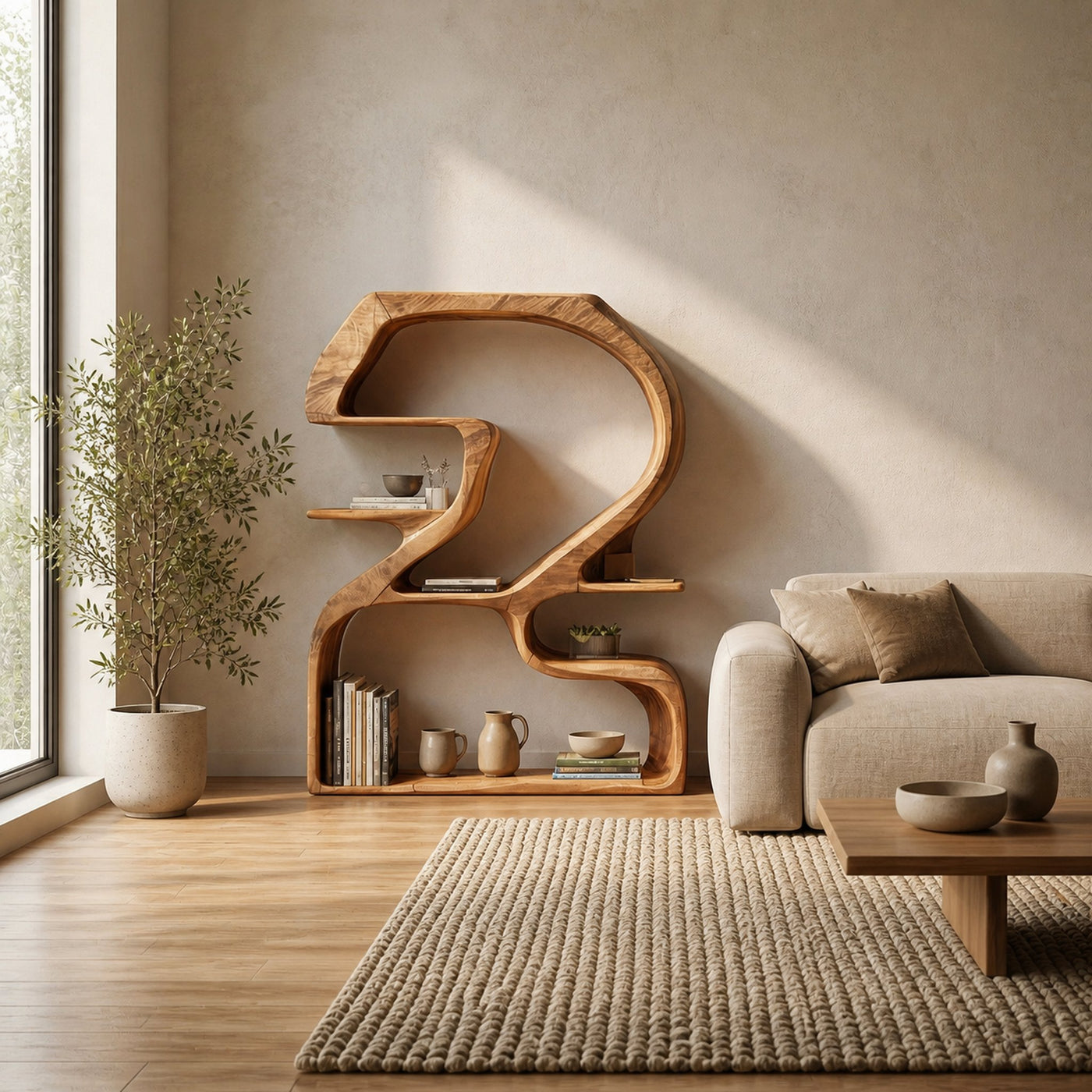 Rustic Sculptural Bookshelf For Living Room And Entryway - product view 6