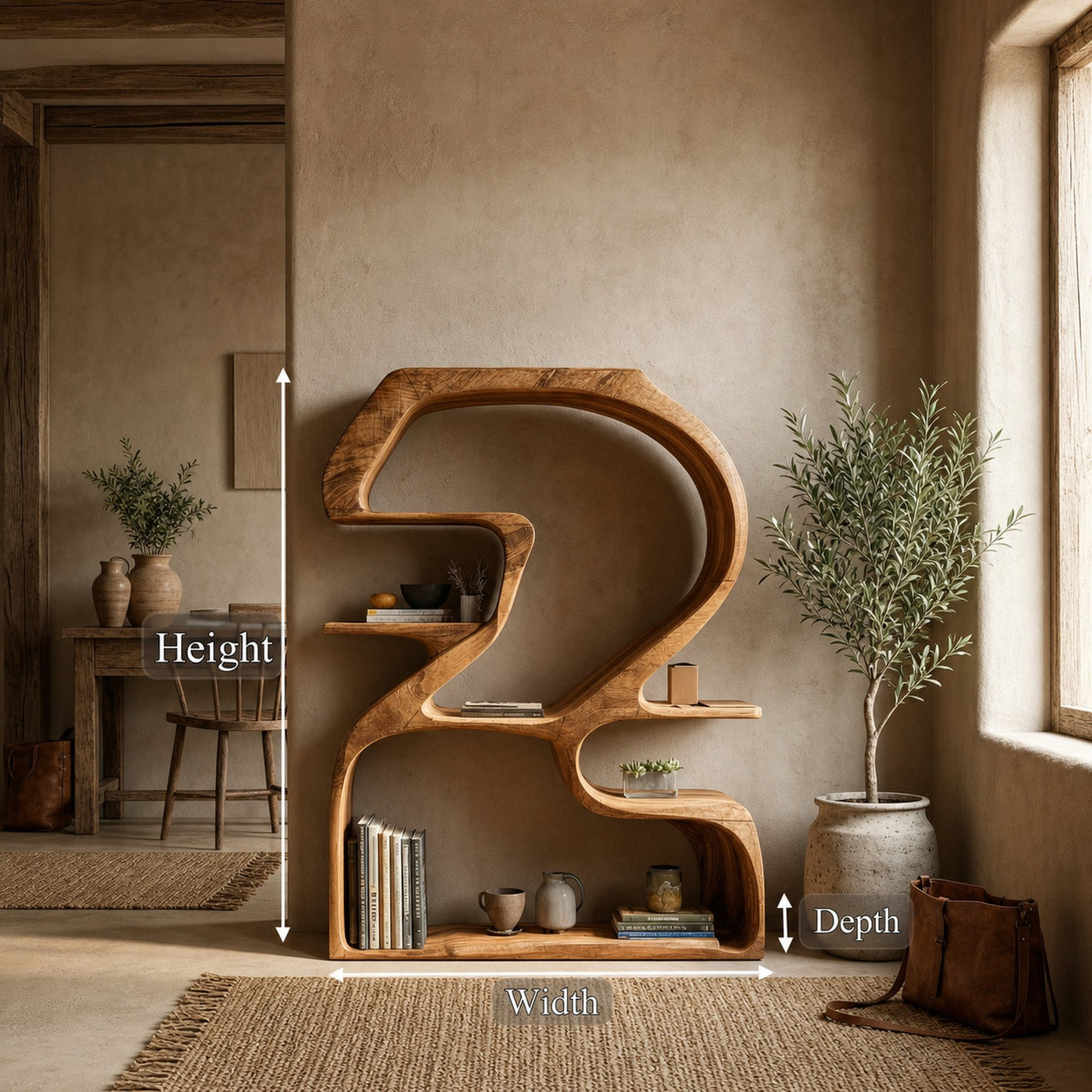 Rustic Sculptural Bookshelf For Living Room And Entryway - product view 7