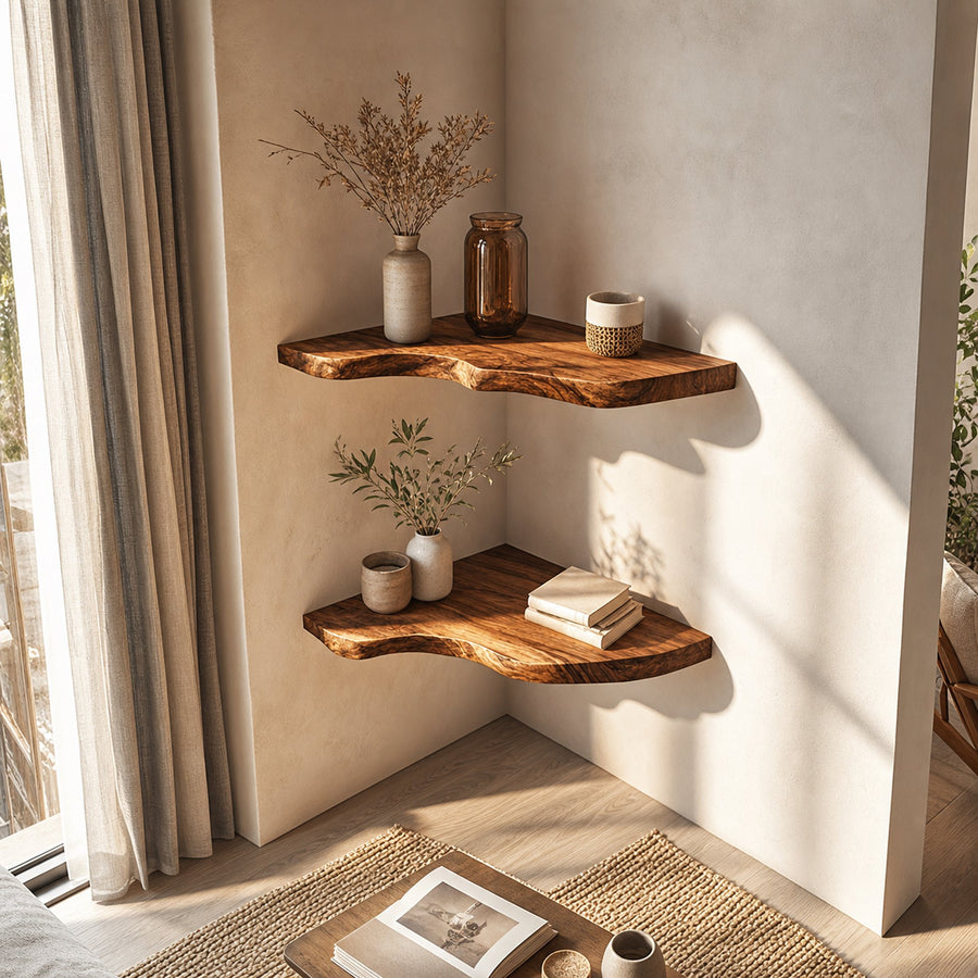 Rustic Sculptural Corner Floating Shelves Solid Wood Living Room Interior Statement Design