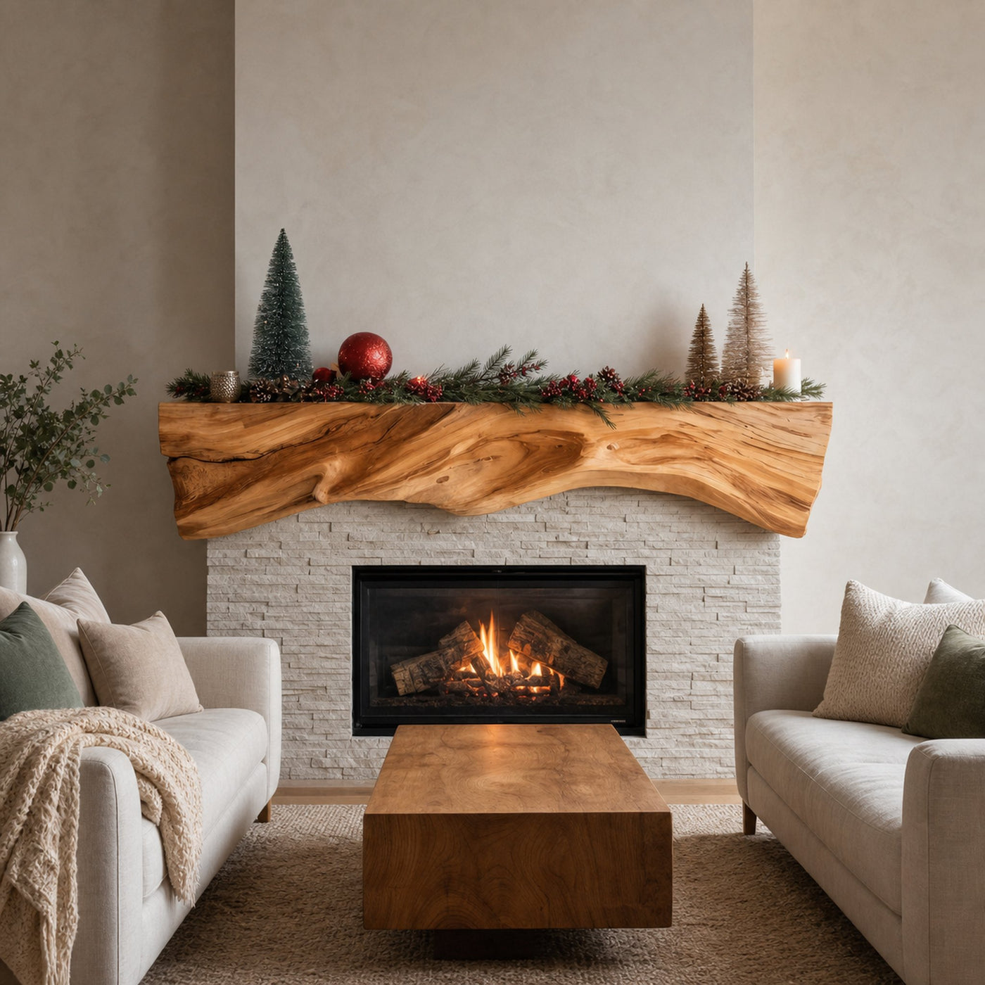 Rustic Sculptural Live Edge Fireplace Mantel For Holiday Decor