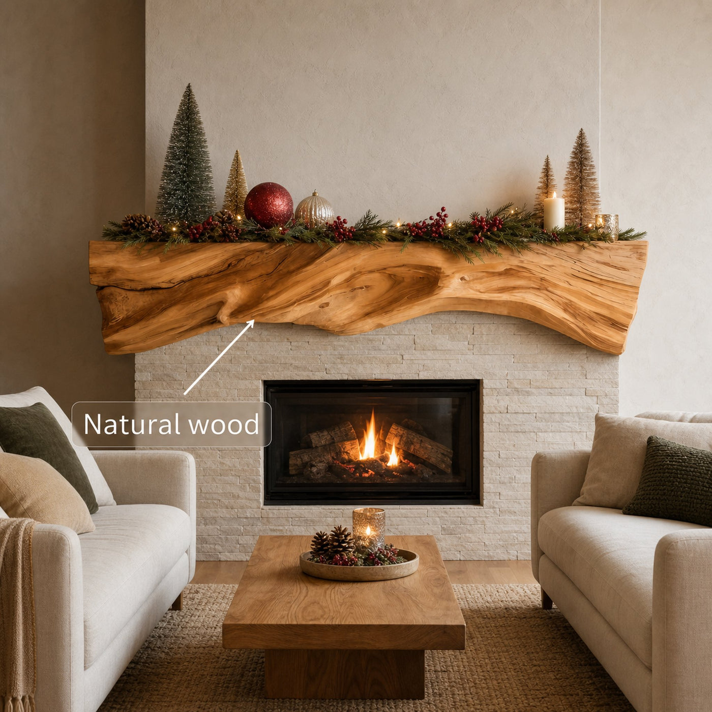 Rustic Sculptural Live Edge Fireplace Mantel For Holiday Decor - product view 6