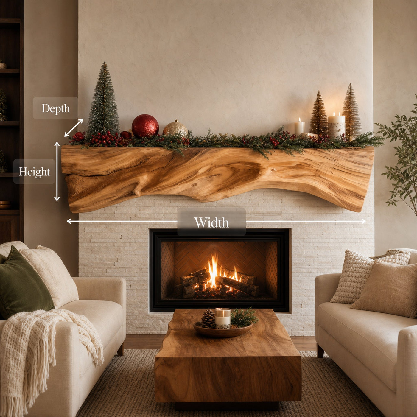Rustic Sculptural Live Edge Fireplace Mantel For Holiday Decor - product view 8