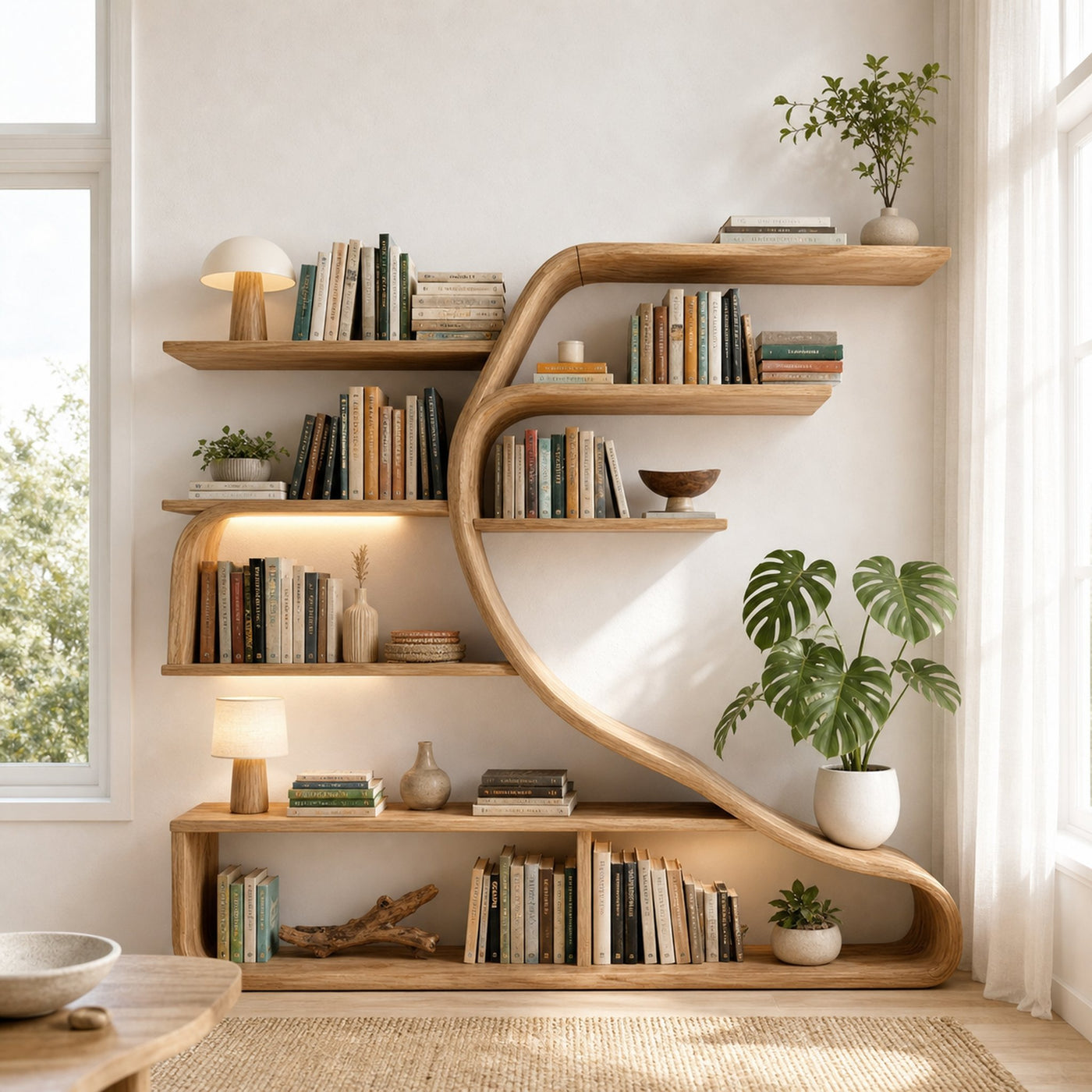 Rustic Sculptural Wall Bookshelf For Bedroom or Living Room