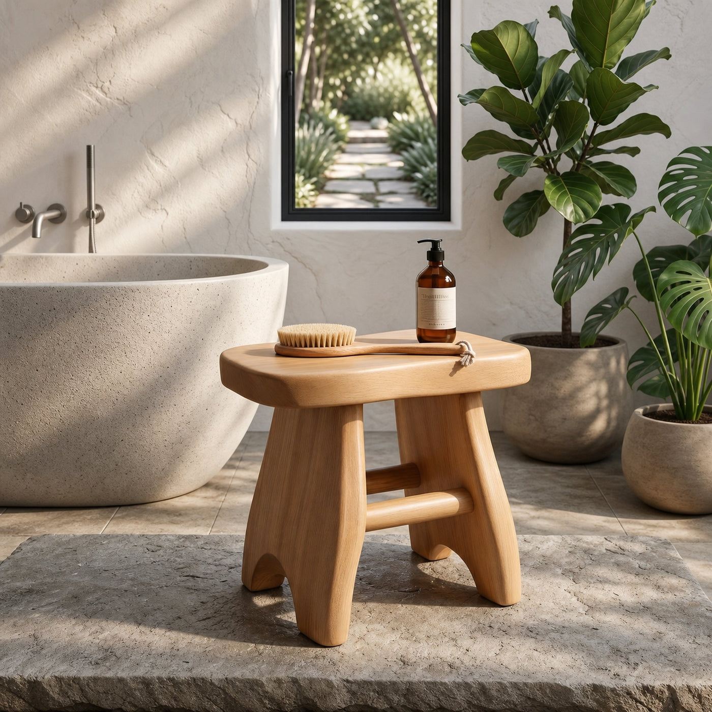 Rustic Shower Bench With Solid Wood Construction For Bathroom And Spa