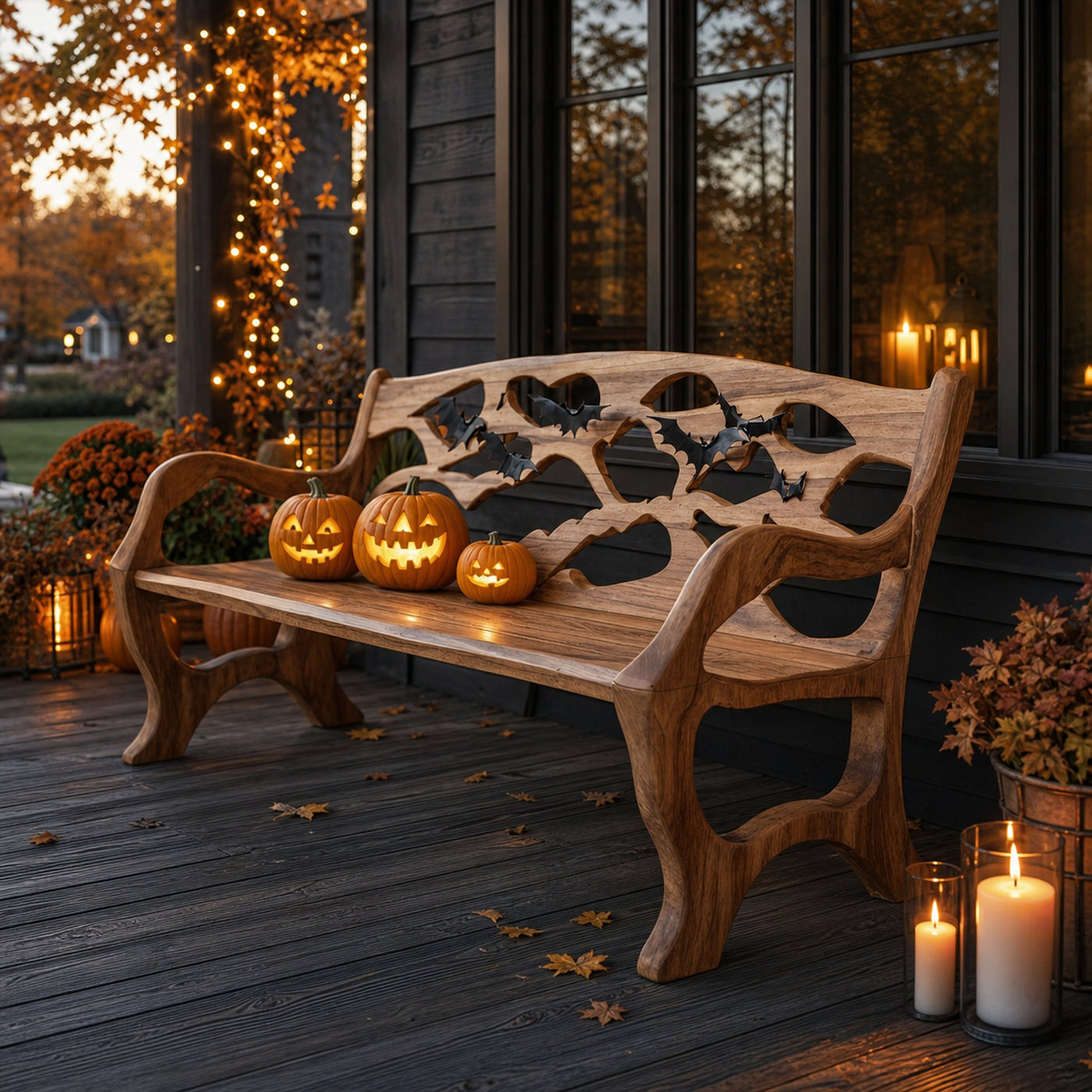 Rustic Solid Wood Halloween Bench For Outdoor Garden Design