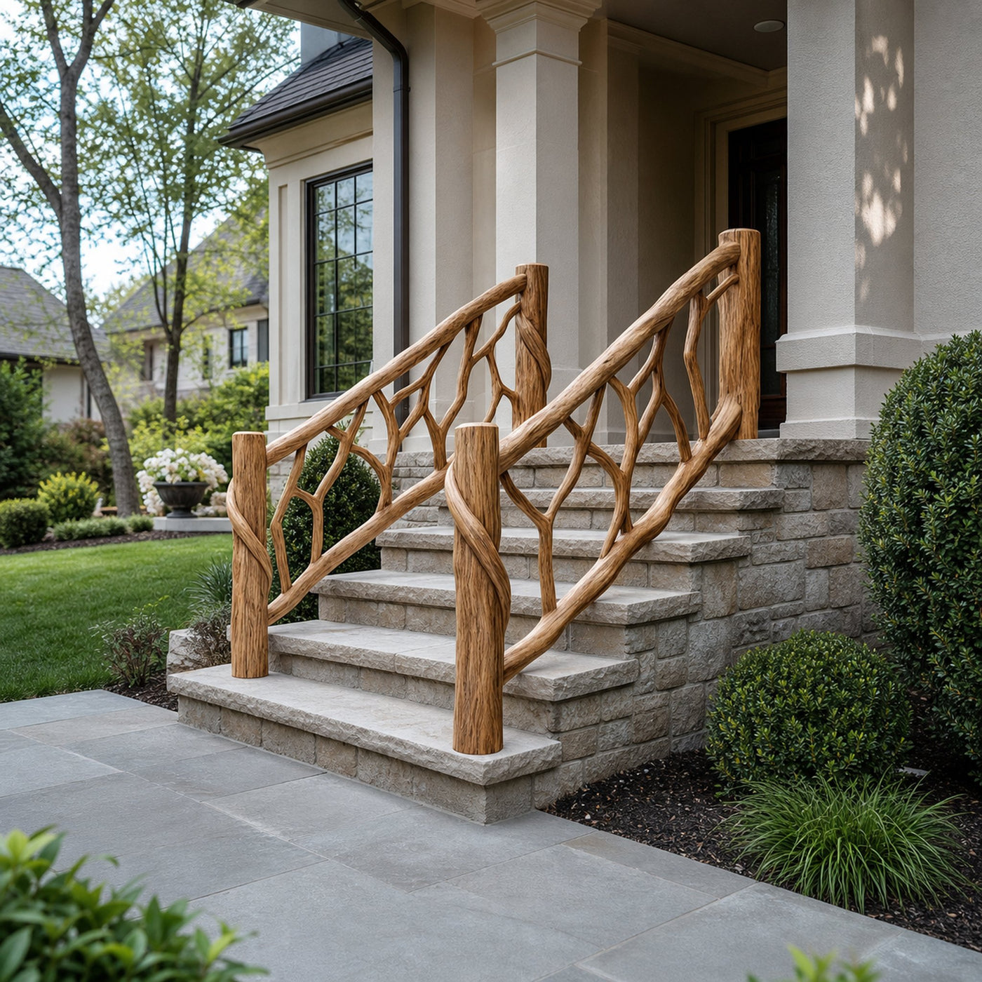 Rustic Stair Wooden Railing For Outdoor Stair Or Entryway