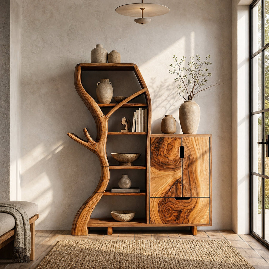 Rustic Storage Cabinet With Tree Bookshelf And Display Shelves For Entryway
